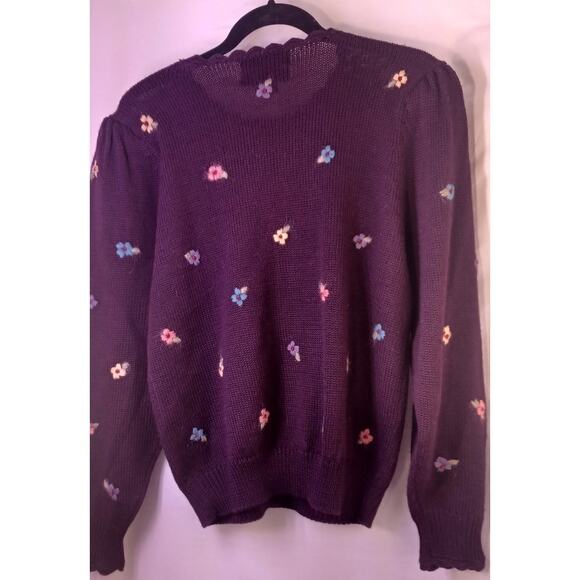 VTG Herman Geist Hand Embroidered Cardigan Sweater Sz Medium Aubergine Cottage - Picture 4 of 7